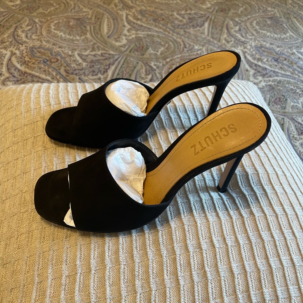 Schutz Black Suede Mules.
